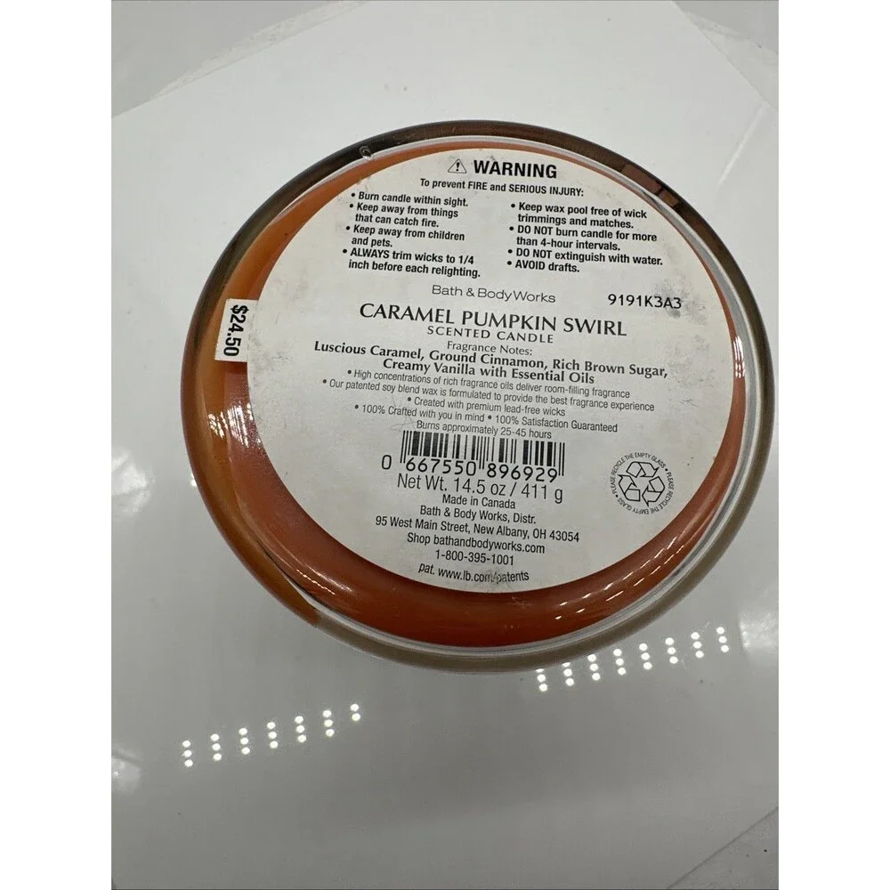Bath & Body Works White Barn CARAMEL PUMPKIN SWIRL 3 Wick 14.5 Oz Scented Candle - Picture 3 of 4
